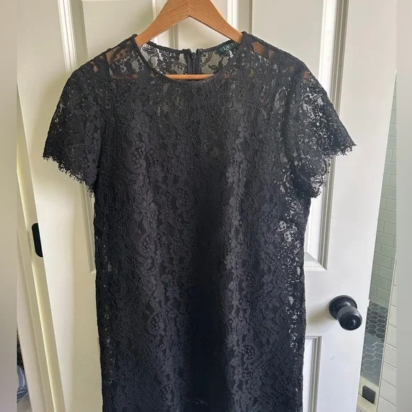 Ralph Lauren size 16 black lace mini shift dress. Black slip underneath. - Picture 3 of 15